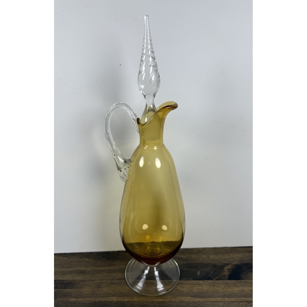 VTG‎ Italian Empoli Amber Art Glass Decanter Twisted Stopper pedestal Hand Blown